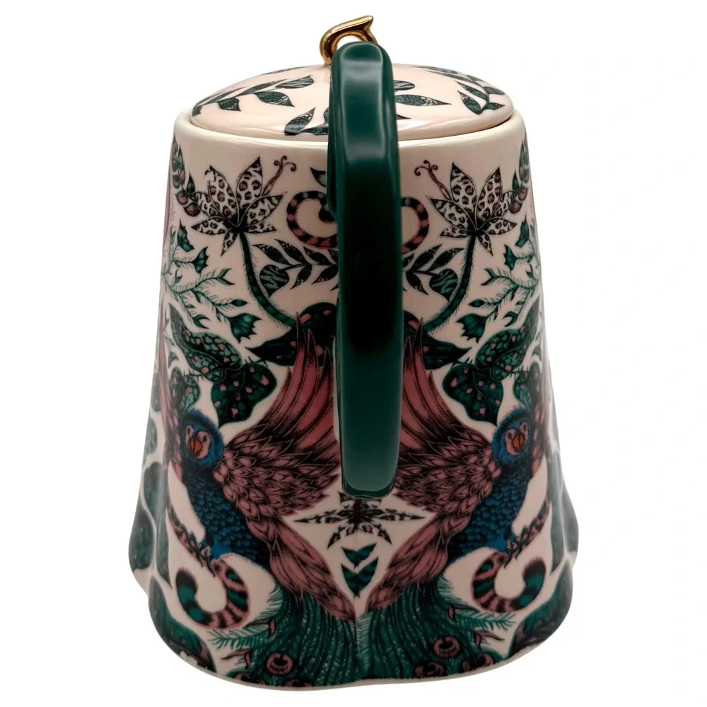 Anthropologie Emma J Shipley Maisie Teapot Peacock Feathers Bird Leaves Pink HTF